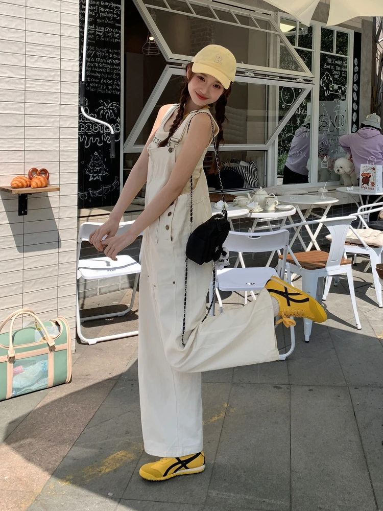 Koreańskie kombinezony damskie w stylu sle sweet cool, letnie, z wysokim stanem, szerokie nogawki, uniwersalne ubrania robocze, szykowny, modny kombinezon jednoczęściowy.