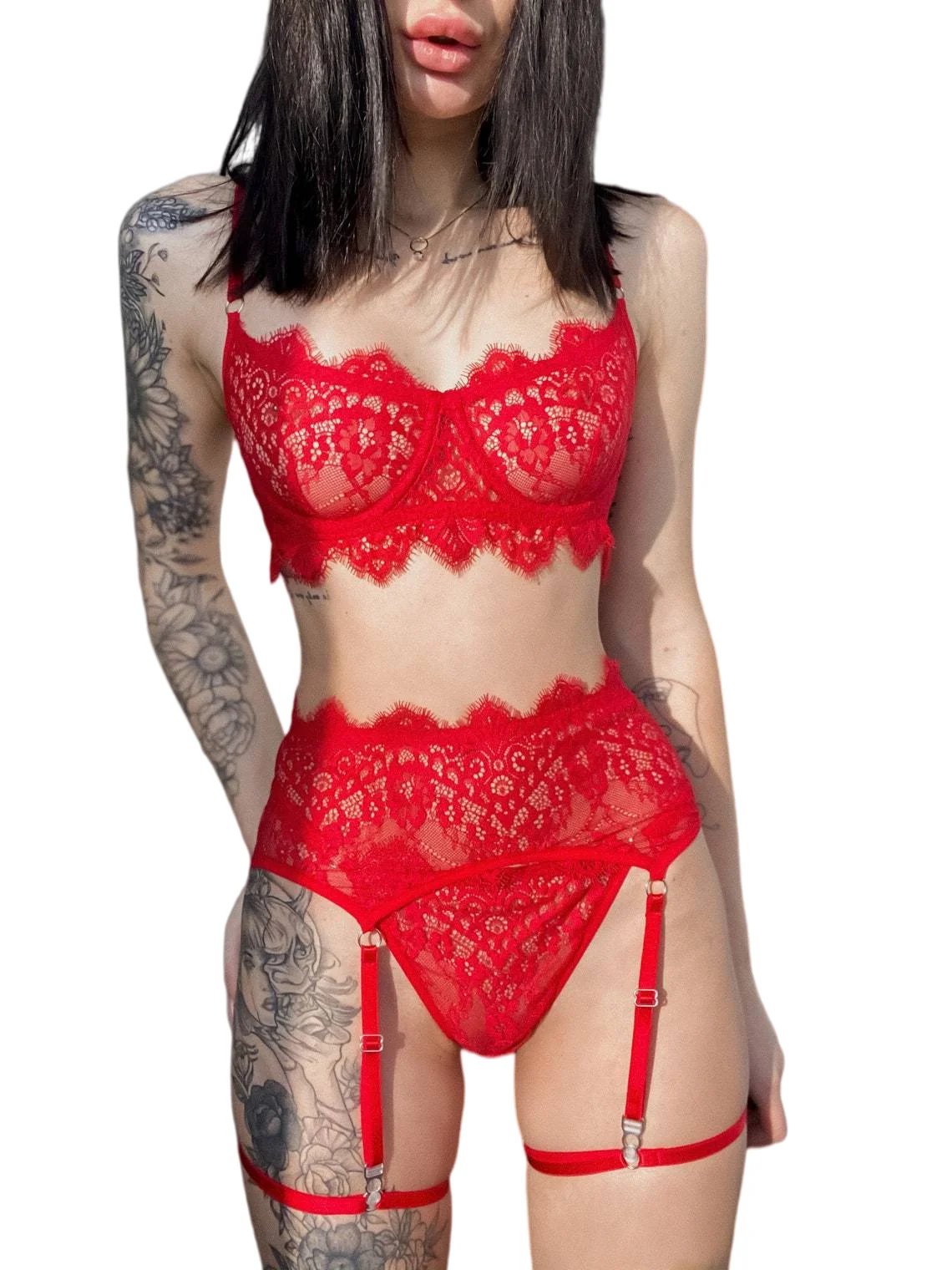 Women's 4-Piece Red Lace Lingerie Set Sheer Bra Garter Belt Panty Sexy Nightwea…
