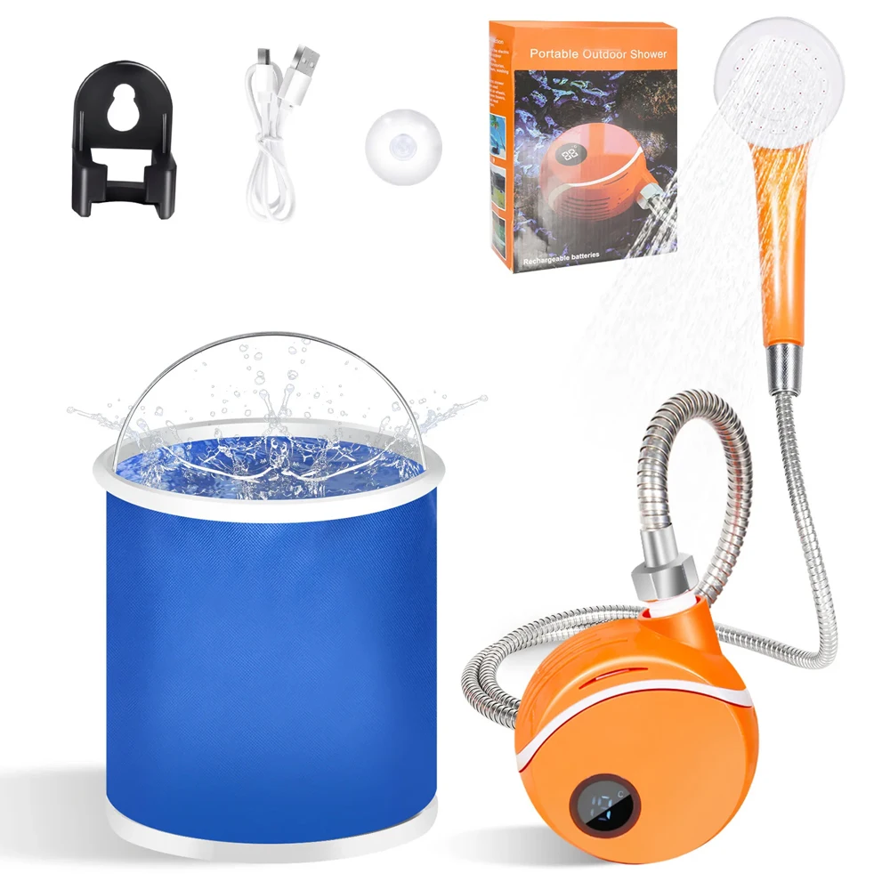 Portable Camping Shower Indoor Outdoor Rechargeable Electric Shower Pump Kit with Temperature Display for Hiking Car Pet Washing