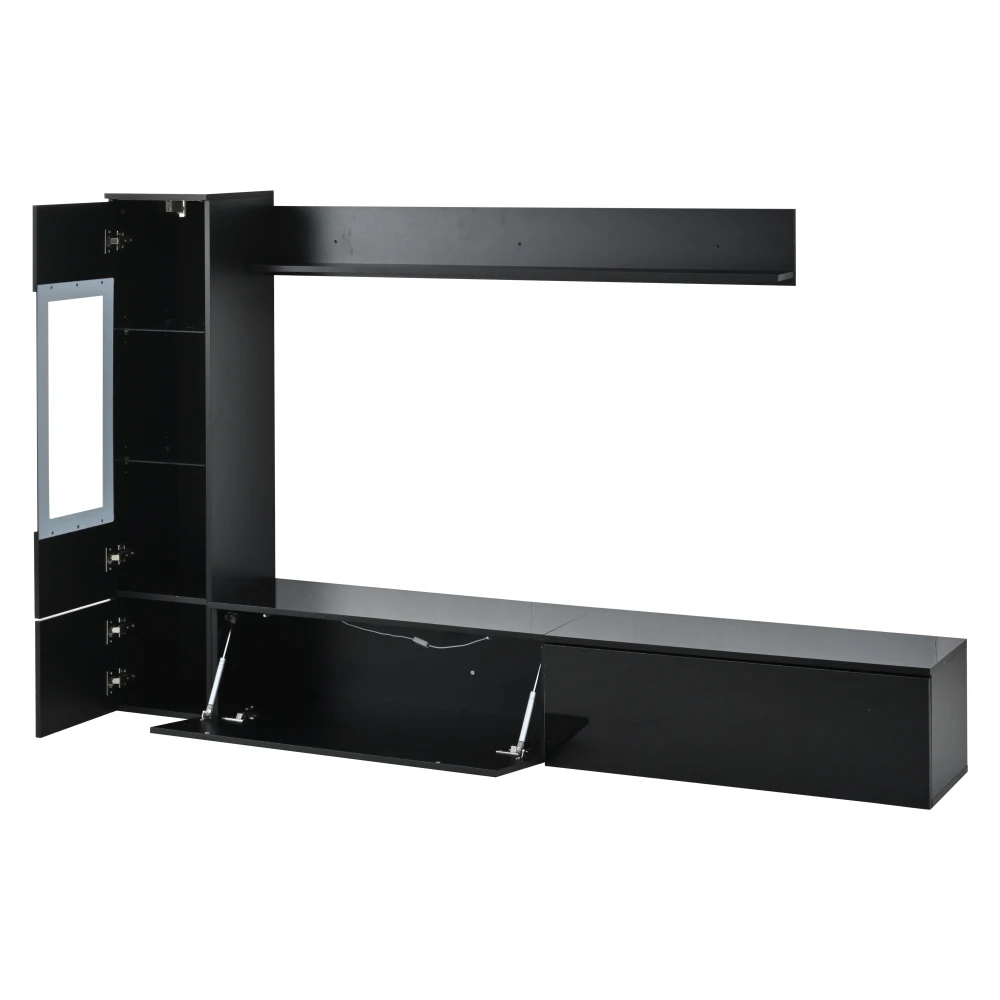 3-teiliges TV-Wohnzimmer-Wandset mit LED-Beleuchtung, Hochglanz-Möbelset, TV-Schrank, Vitrine und Hängeregal, für Fernseher bis zu 80 Zoll – Detail 20
