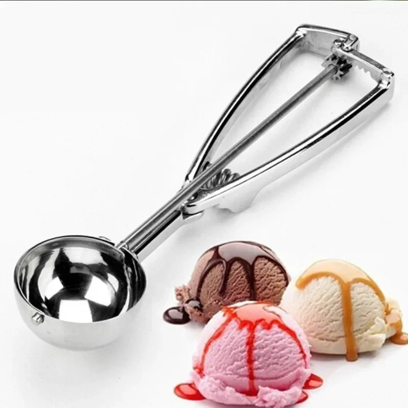 Stainless Steel Ice Cream Scoop with Spring Handle Potato Masher Watermelon Ball Scoop Kitchen Ice Cream Mold Accessory
