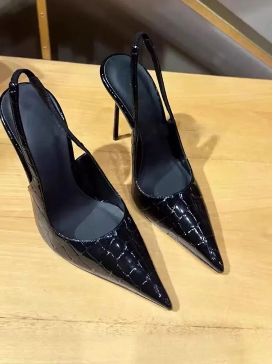 Elegant Black Stone Pattern High Heel Sandals Women's Sexy Pointed Toe Thin Heel Backless Slip-On Fashionable Minimalist Style