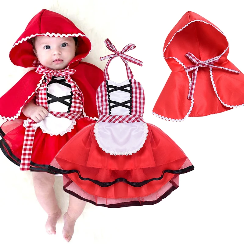 2024 neonato Little Red Riding Hood Cosplay Photo Prop Costume neonate Tutu Dress + Cape Cloak Outfit Girl Party Dress 1-2Yrs