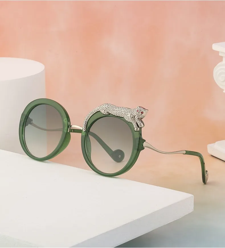 Übergroße Runde Sonnenbrille für Damen 2026 Luxusmarke Mode Kristall Leopardenkopf Sonnenbrillen Retro Anti-Blaulicht-Brillen – Detail 5