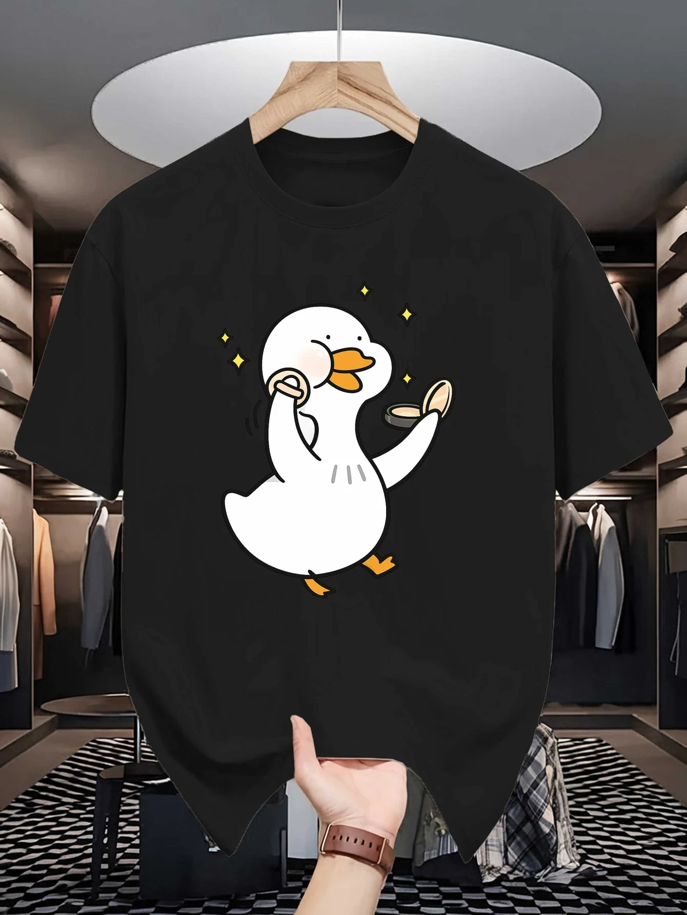 Mens Crew Neck T Shirt Playful Duck Makeup Powder Puff Sparkle Stars Graphic Short Sleeve Casual Cotton Fun Street Tees