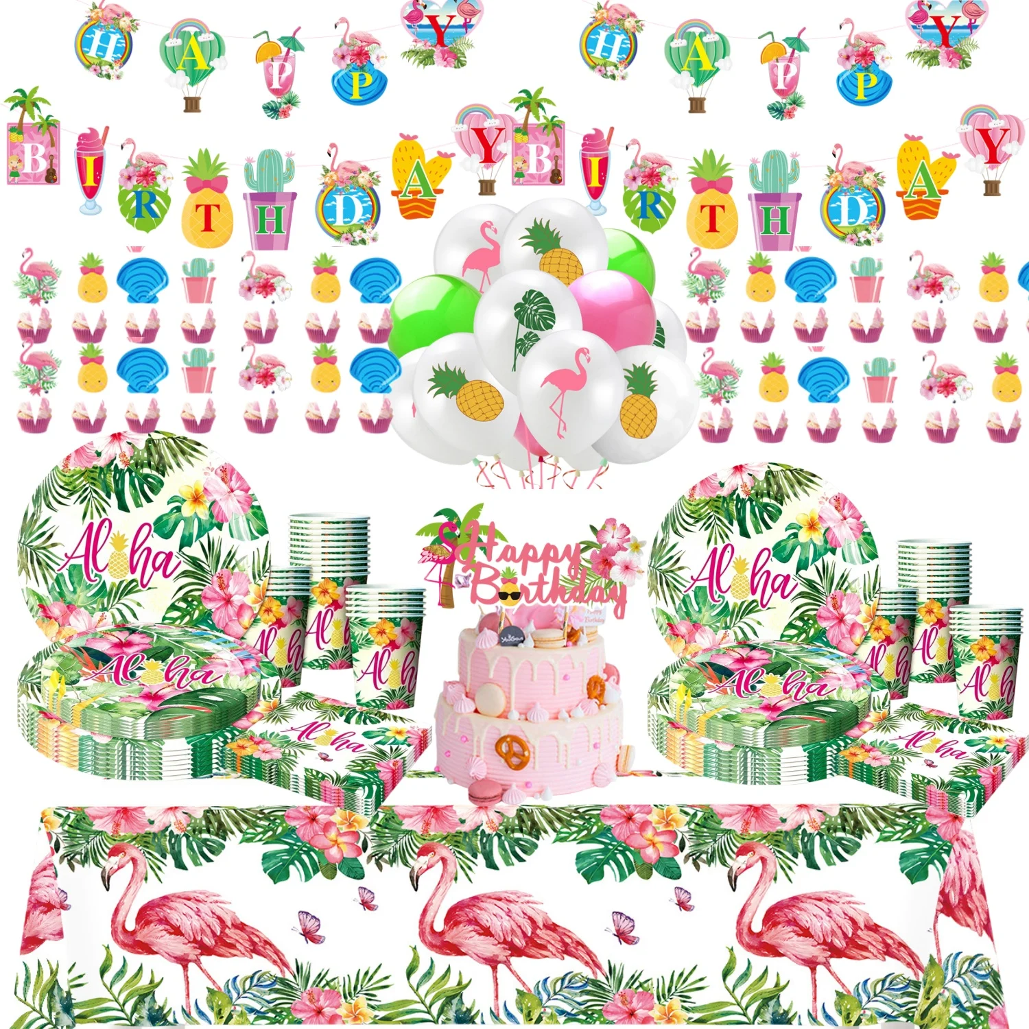 Hawaiian Theme Birthday Party Decoration  Flamingo Tableware Paper Plate Cups Balloons For Kids Baby Shower Party Supplies Gift