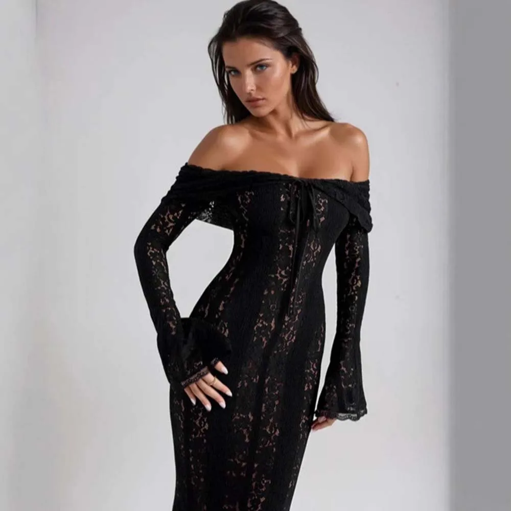 

Siren Chic 2026 New Lace Hollow Out Off Shoulder Dress Bell Sleeve Bodycon Party Dress Strapless Waist Sexy Evening Gown