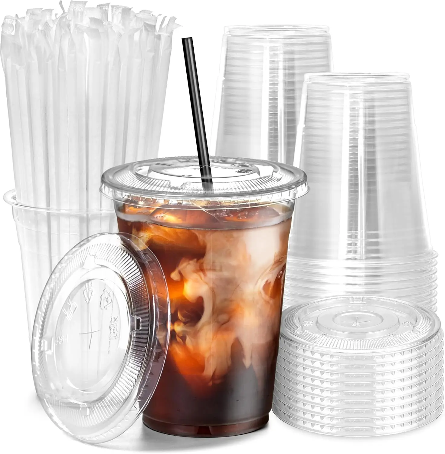 

50 Clear Plastic Cups with Flat Lids Disposable Iced Coffee Cups BPA Free Premium Crystal Smoothie Cup for Party Lemonade Stand,
