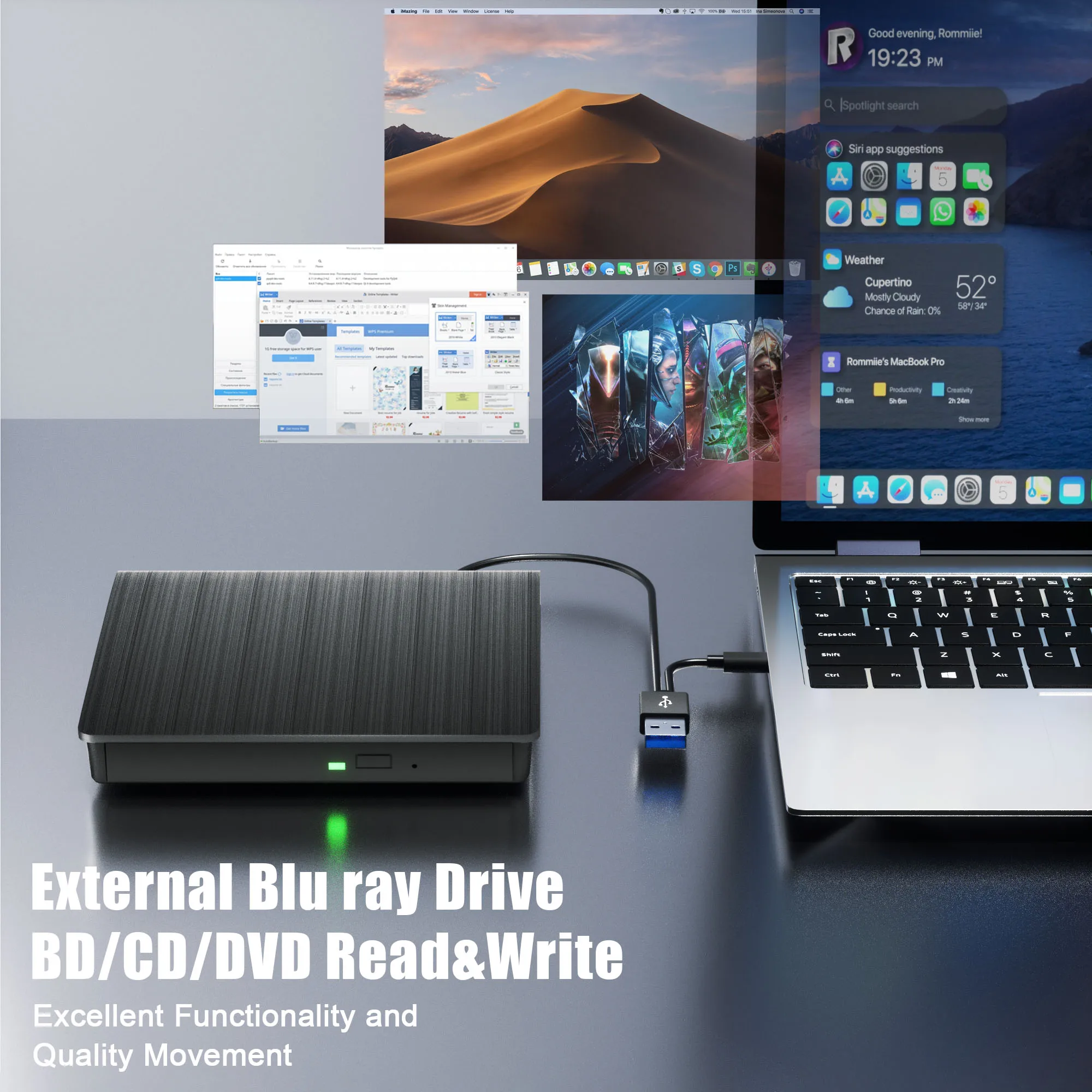 External Blu ray Drive BD/DVD-RW Optical Drives for Laptop Desktop CD Player Burner Compatible with Windows 11 10 Mac OS