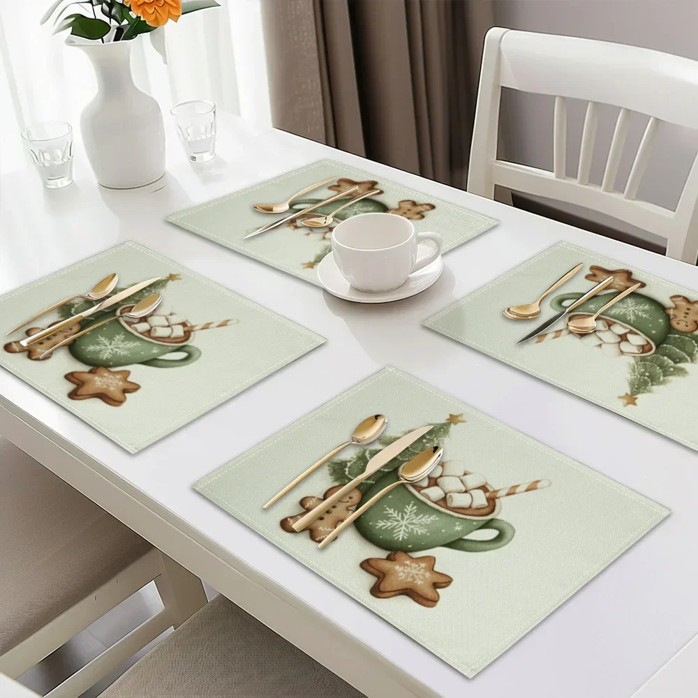 4pcs Christmas Placemats - Tree, Cup & Gingerbread Print, Washable Table Mats for Holiday Kitchen & Dining Decor