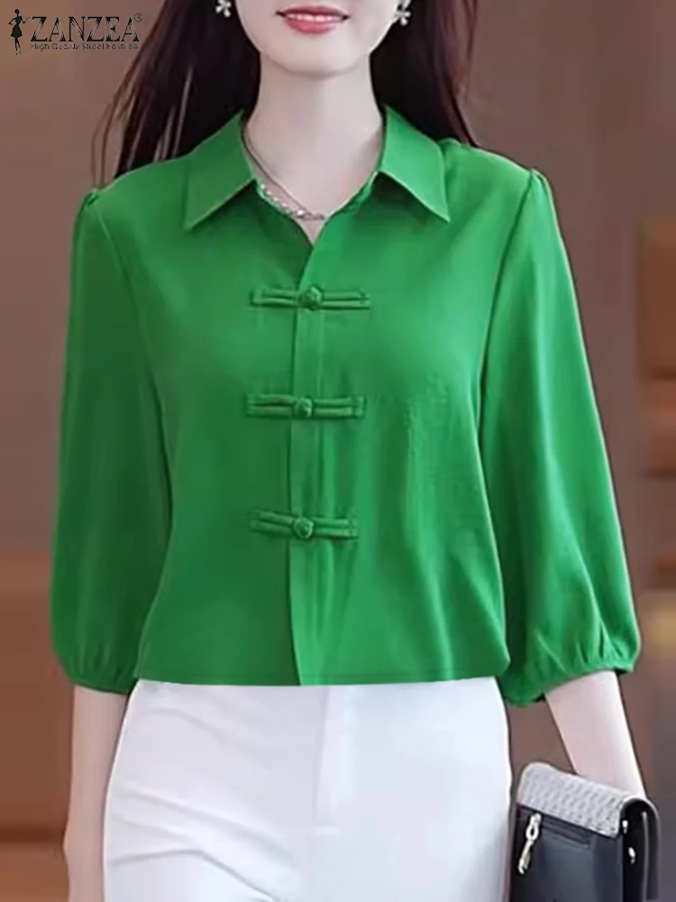 

ZANZEA Vintage 3/4 Lantern Sleeve Women Shirts 2024 Summer Elegant Holiday Chinese Tops Retro Frog Buttons Party Blouse Tunics