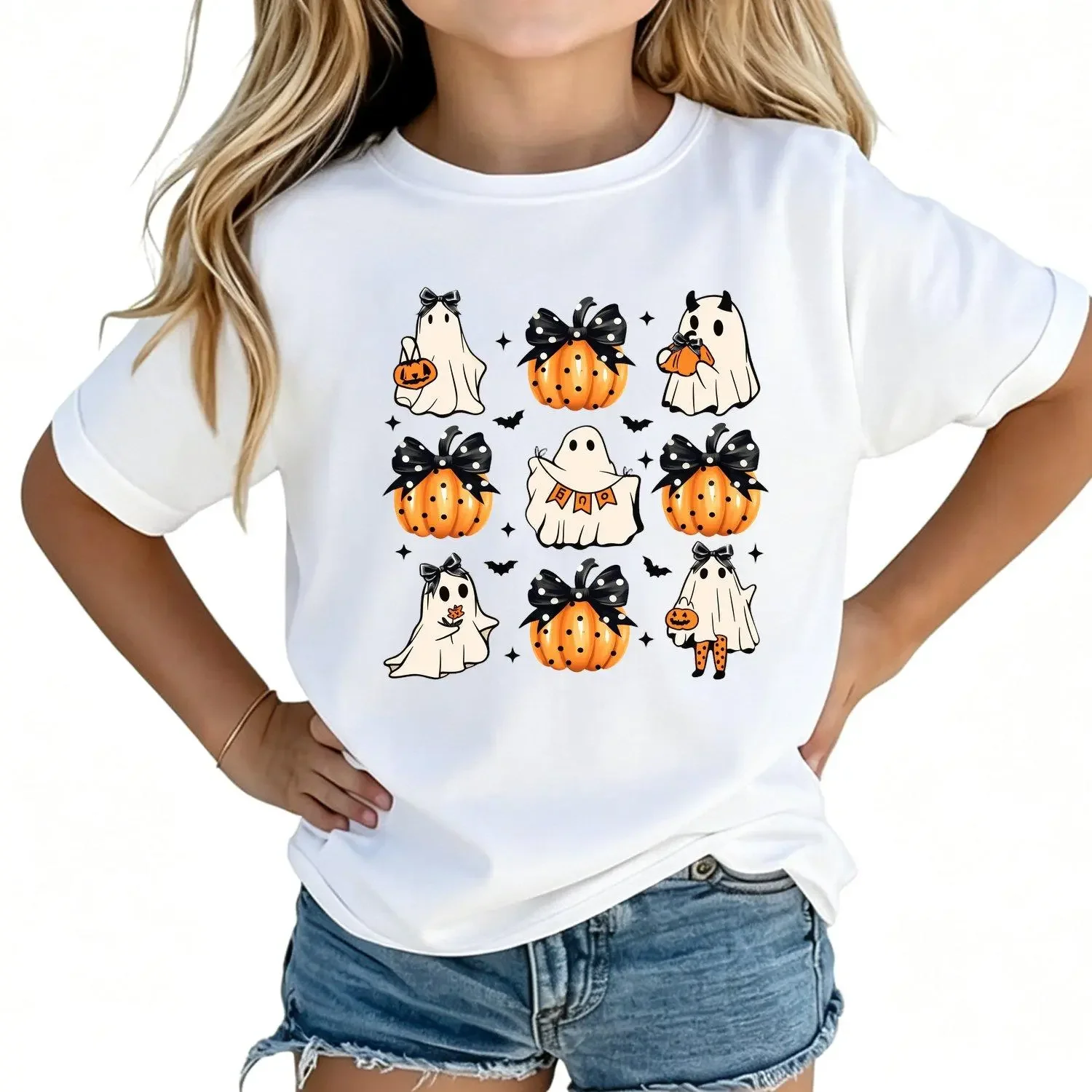 Girls' Summer Short‑Sleeve T‑Shirt, Halloween Pumpkin and Bat Cartoon Print, Nine‑Square Grid Graphic with Bow‑Tie Pumpkin, Casual Versatile Kids’ Girls Tops