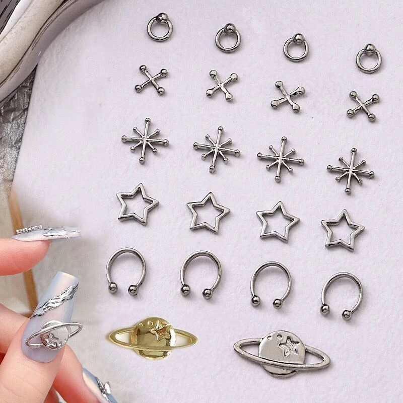 10pcs 3D Silver Pentagram Star Nail Art Alloy Rhinestone Luxury Metal Star Charms Nails Jewelry Gem Manicure Nail Art Decoration