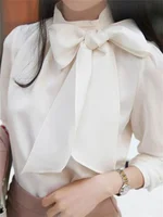 Femmes printemps été Style chemisiers en mousseline de soie chemises dame Casaul à manches longues blanc noir noeud papillon col haut Blusas 4