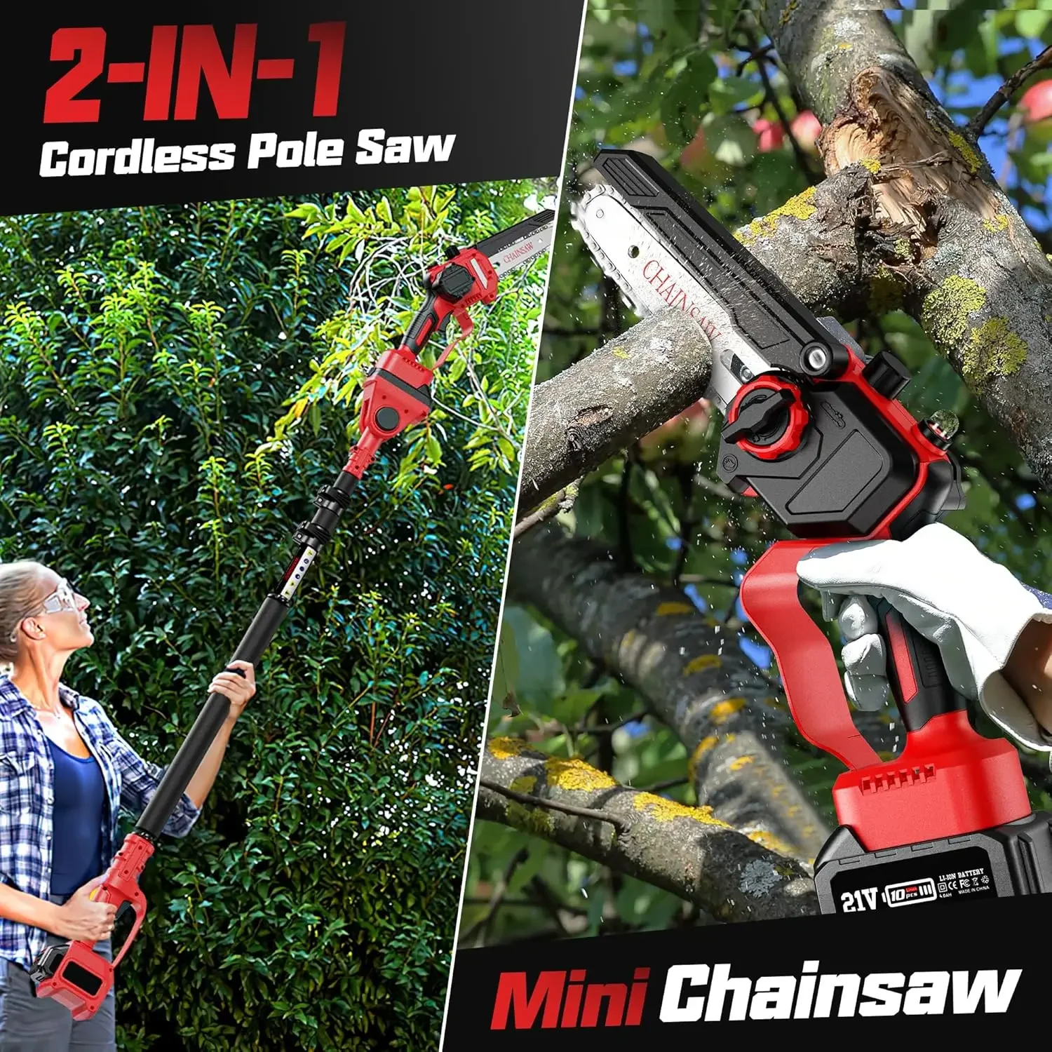 2-IN-1 Cordless Pole Saw & Mini Chainsaw, 2x4.0Ah Battery Powered 6 Inch Electric Pole Saw with Auto Oiling & Tool-Free Chain Te