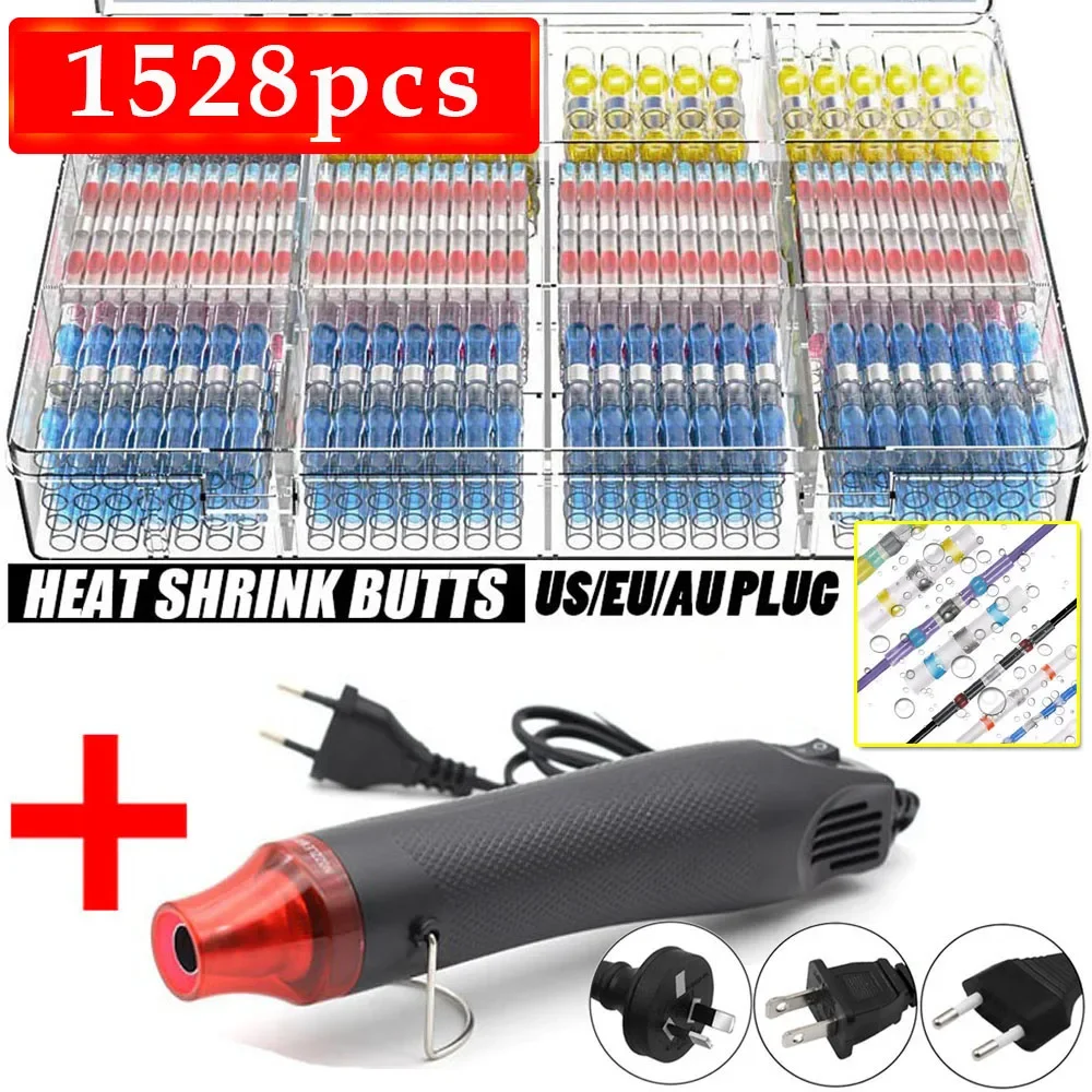 

500/1030PCS Solder Seal Wire Connector Heat Shrink Solder Butt Connectors Kit Automotive Marine Insulated with 300W Hot Air Gun