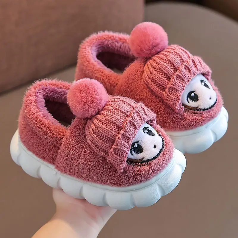 Children Cotton Slippers 2024 New Winter Boys Girls Anti-Slippery Indoor Cartoon Cute Home Shoes Kids Fluffy Knitted Footwear