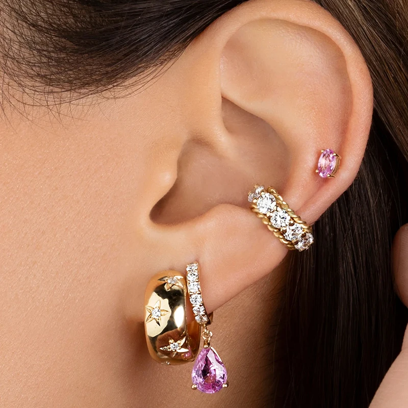 925 Sterling Silver Needle Pink Crystal Heart Hoop Earrings for Women Fashion Geometric Pendant Earrings Luxury Jewelry Gifts