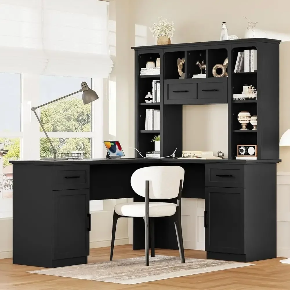 L-Shaped Office Desk with Storage, Hutch, and Open Shelves for Home or Gaming, Suitable for Living Room, Black