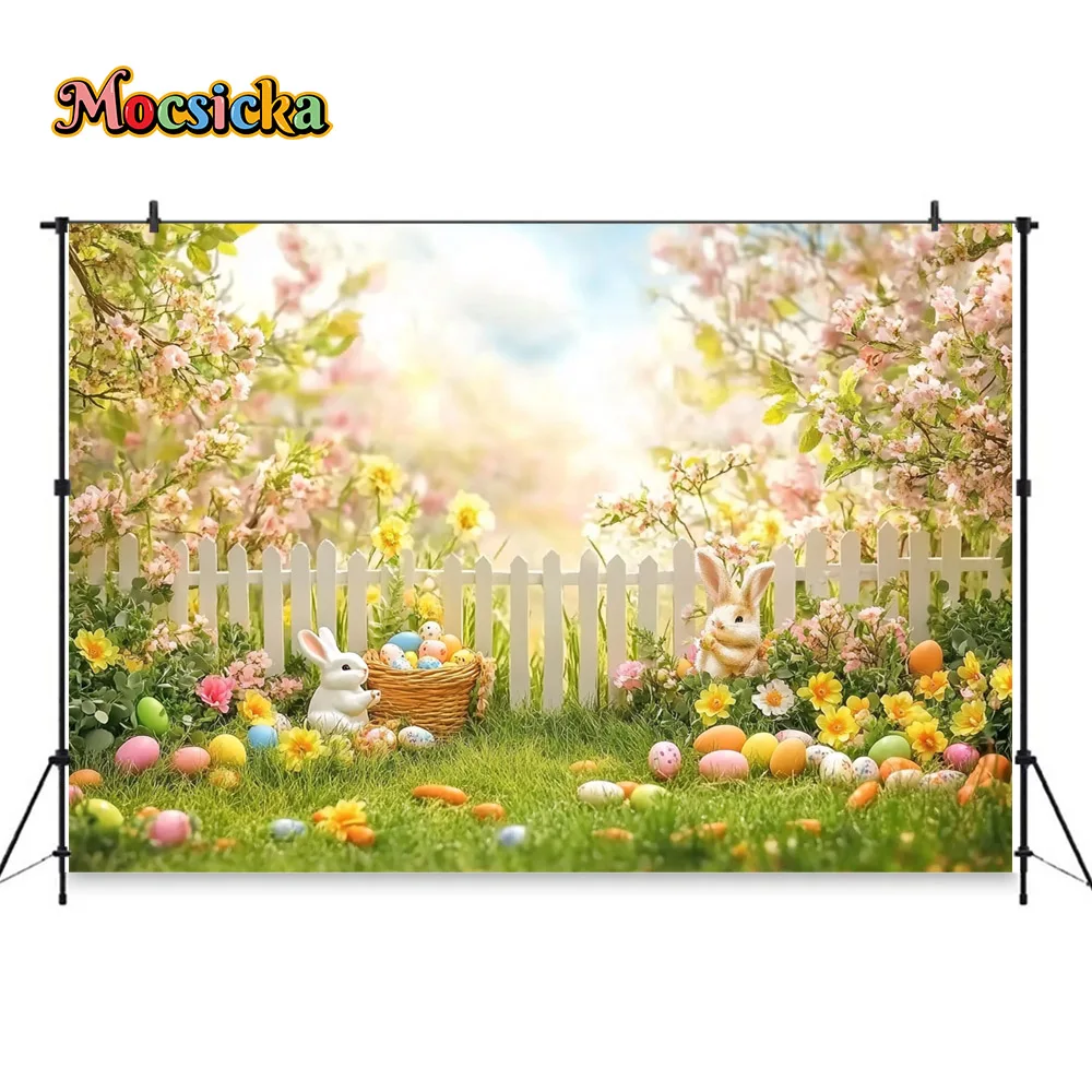 Mocsicka Easter Floral Garden Photography Backdrop Bunny Egg Fence Spring Decor Background Kids Birthday Holiday Portrait Studio
