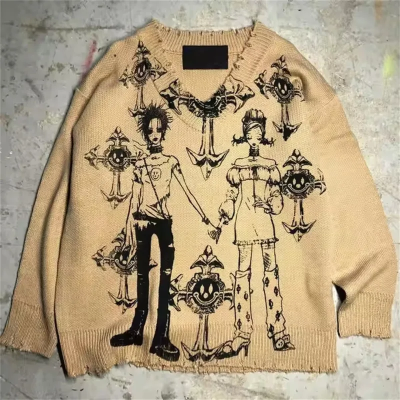 Graphic Printed Streetwear Sweaters Men V-neck Punk Khaki Knitted Tops High Quality Hip Hop Pullovers Retro Sweaters For Women