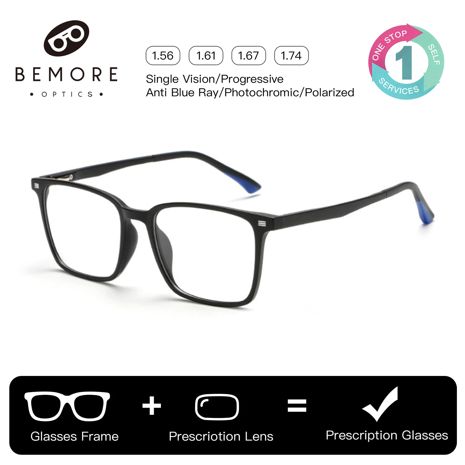 

BEMORE Square Polarized UV Magnetic Clip On Prescription Glasses Customised Men Women Acetate Anti Blue Light Optical Eyeglasses