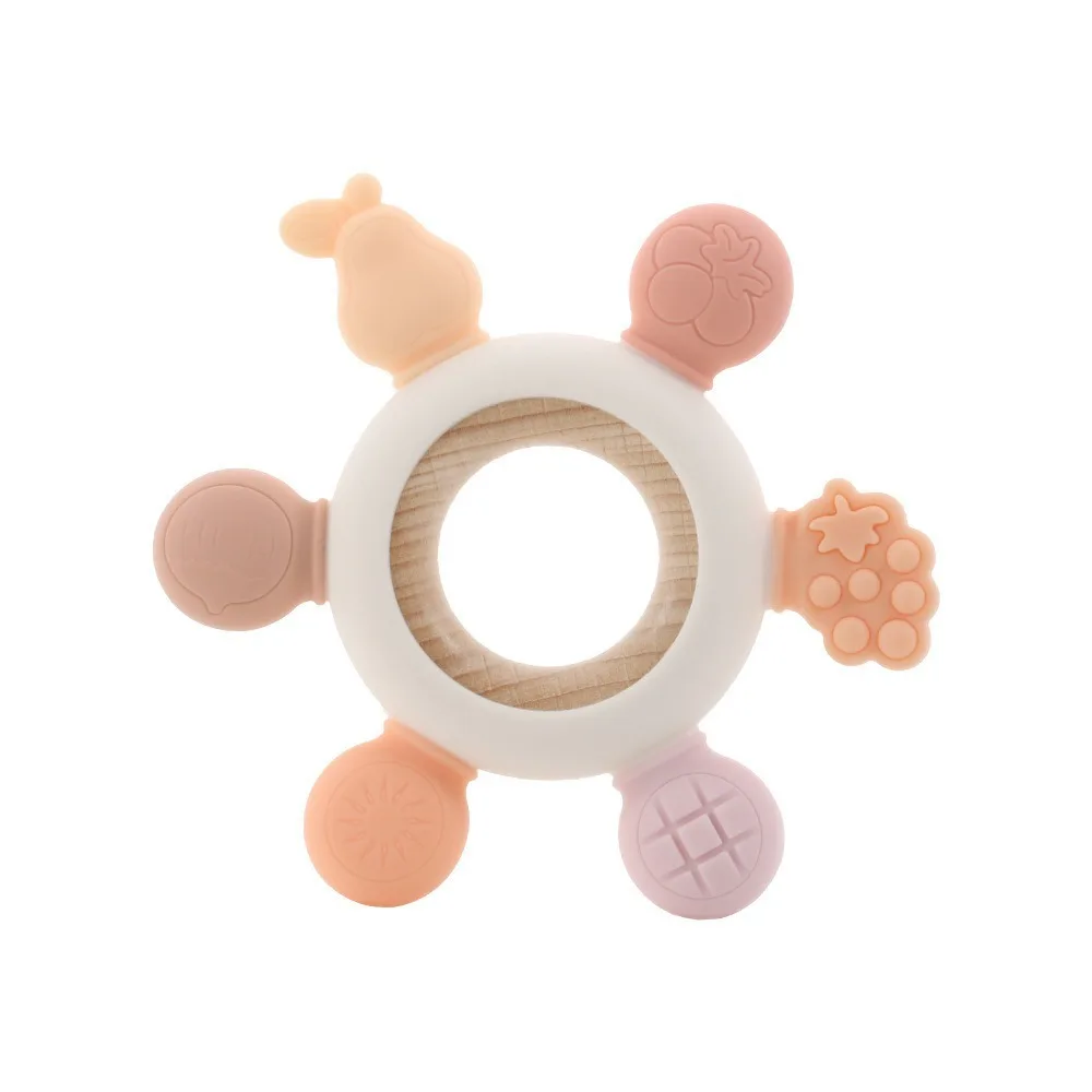 

High Quality Silicone Teething Wooden Ring Fruits Shape Teether BPA Free Grasping Teething Ring Newborn Accessories
