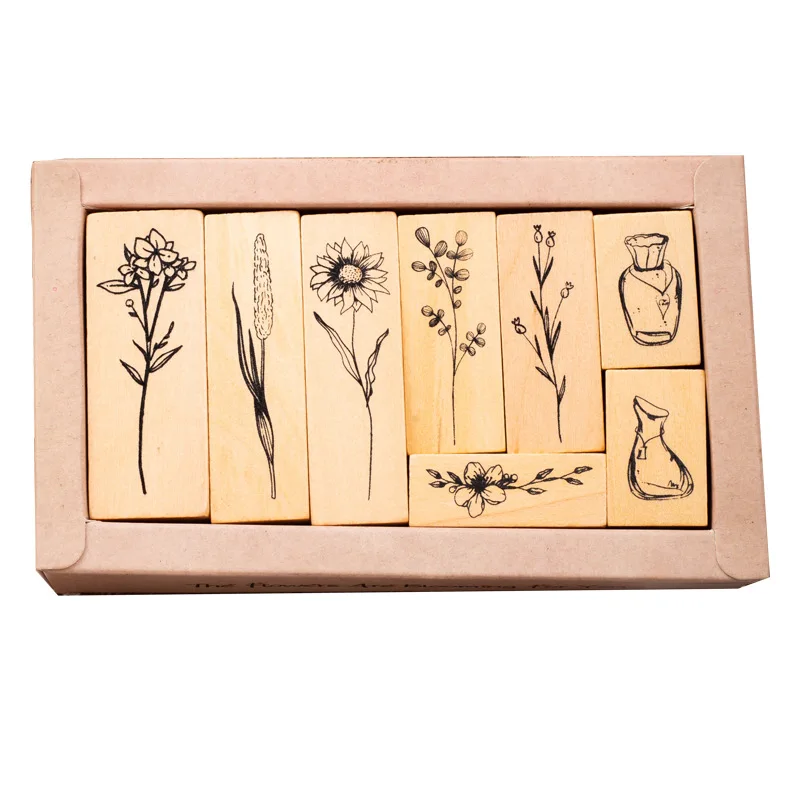 Retro Lotus Wood Combination Set Seal Plant Vase Handbook DIY Photo Album Diary Decorative Stamp Assorted Stamp