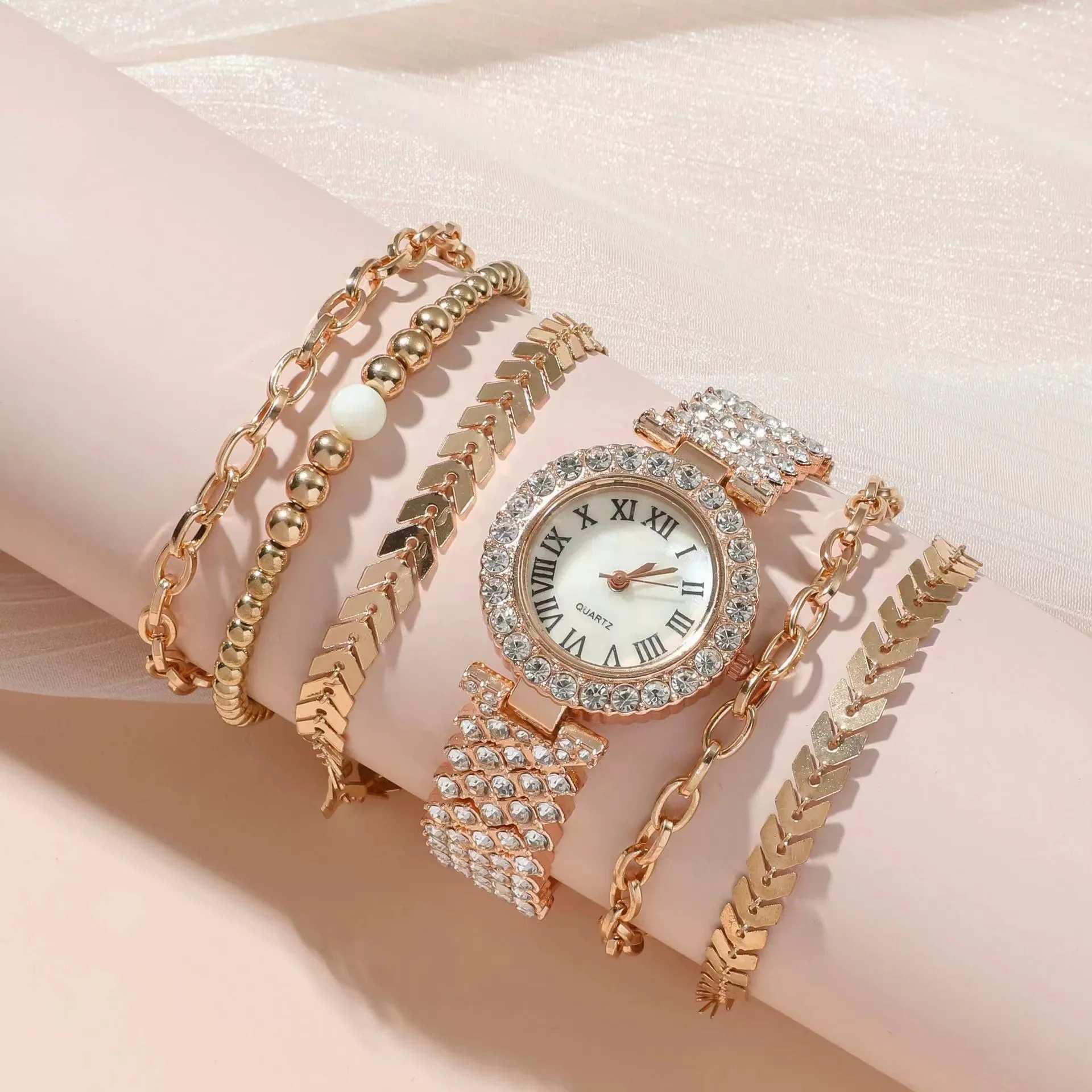 Casual Fashion Drilling Simple Roman Pattern Women's Watch Bracelet 6 Piece Gift Box Set