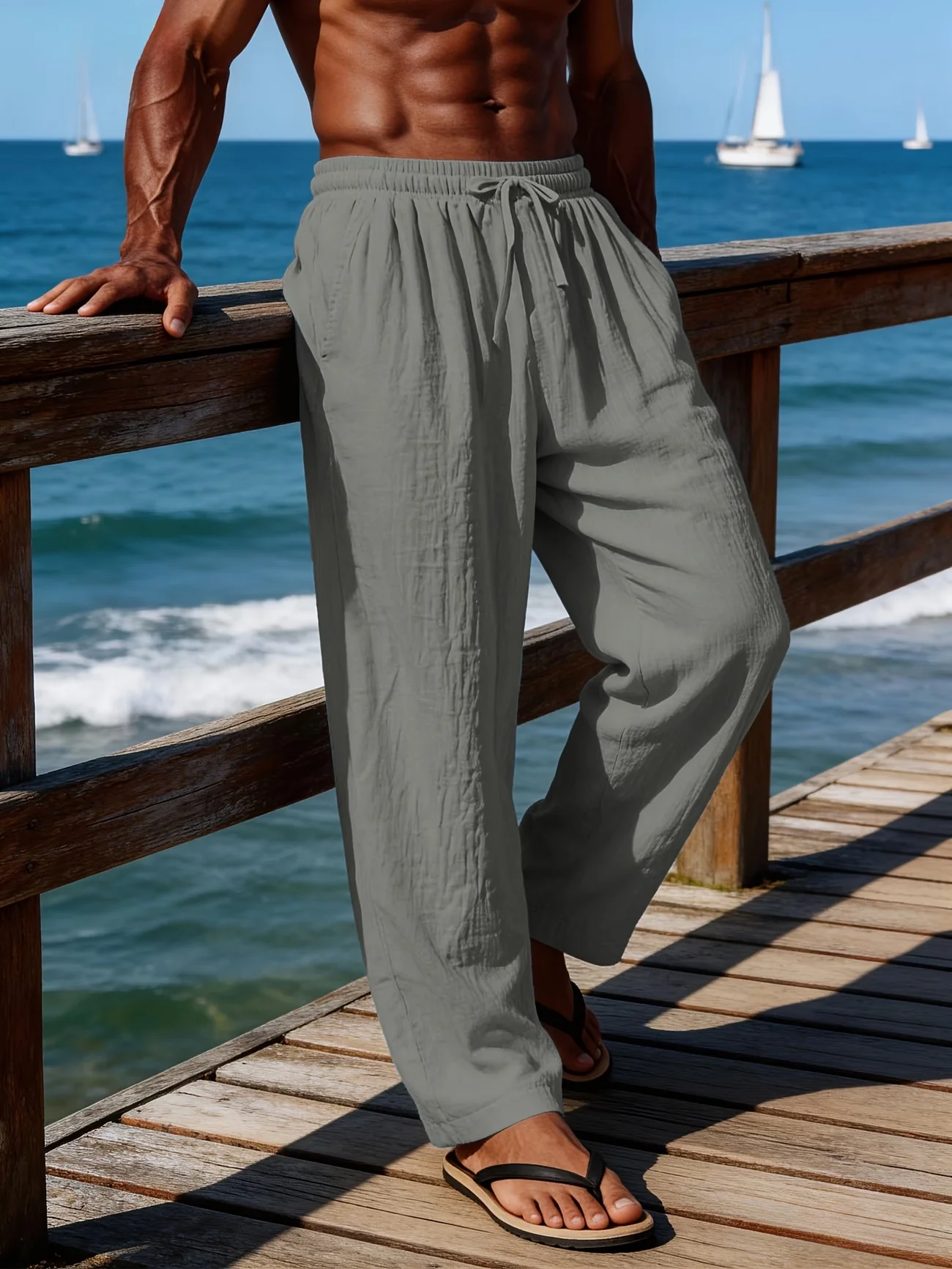 Men's Linen-Blend Casual Pants, Elastic Waist Drawstring Loose Beach Trousers