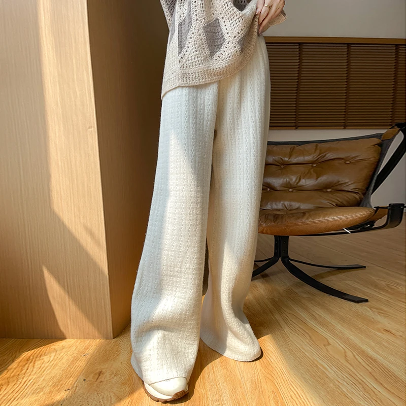 New Autumn/Winter Knitted 100% Wool Women's Pants Loose High Waist Wide Leg Pants Warm Hot Selling Women's Pants