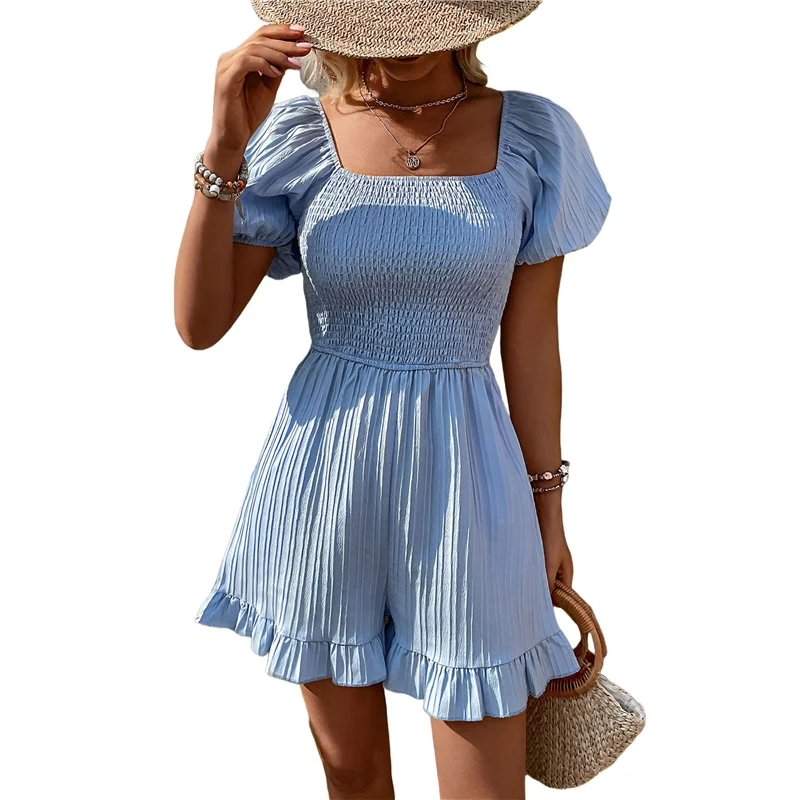 Pagliaccetti estivi da donna con collo quadrato e maniche a sbuffo a strati, mini pantaloncini Boho elastici Jumpsuit-A55G