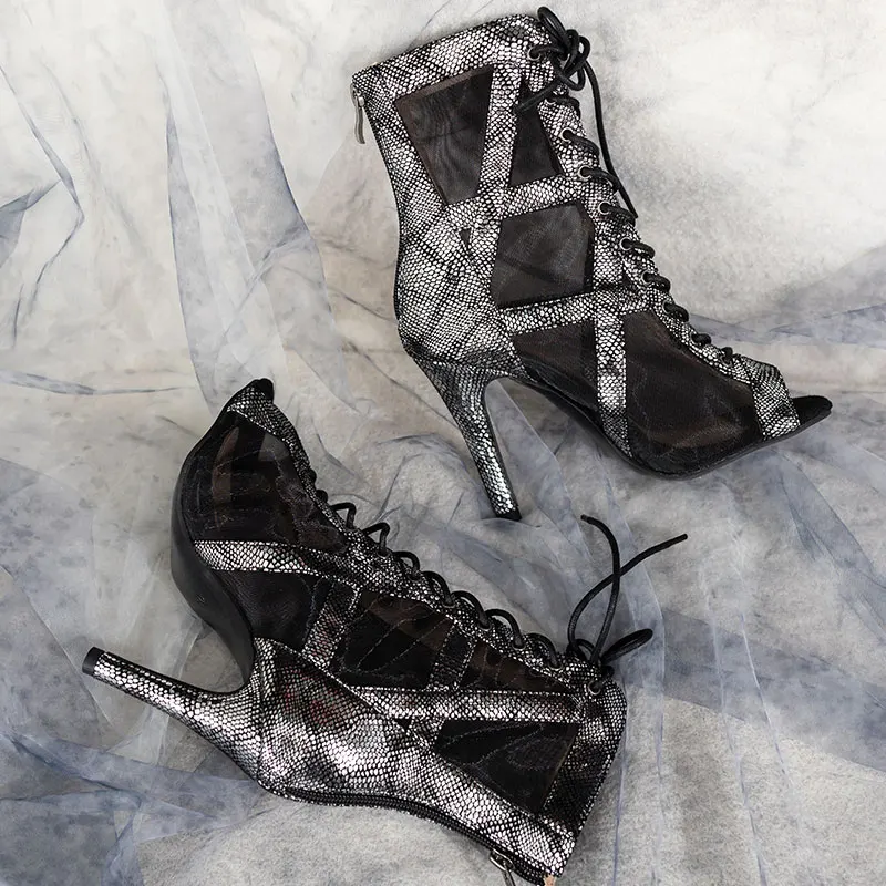 

Специальная обувь для джазовых танцев, пикантные сандалии с открытым носком для женщин, дышащие сетчатые ботинки на шнуровке, танцевальная обувь на высоком каблуке