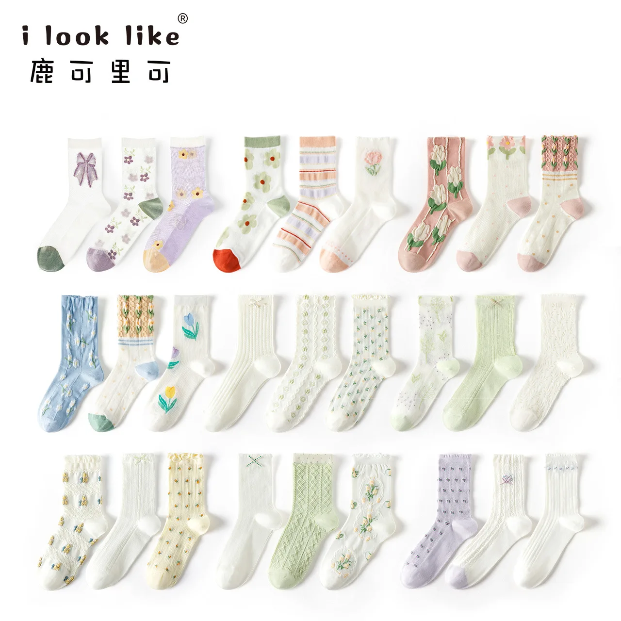 

Women's Cotton Socks, Cute, Plant Flower Pattern, Jacquard, Thin Mesh, Middle Tube, Girls, Female, Spring, Summer, Autumn