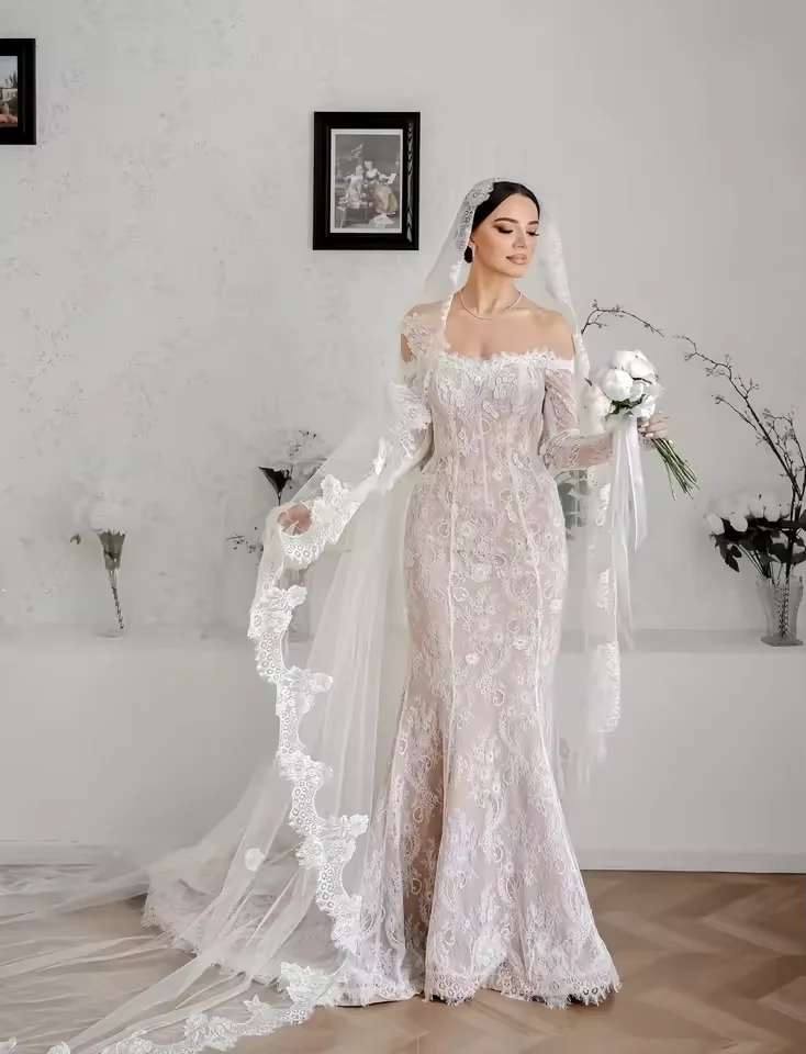 

Customized Mermaid Wedding Dresses 2025 Off Shoulder Romantic Lace Long Sleeve Bride Dresses For Vestidos De Novia
