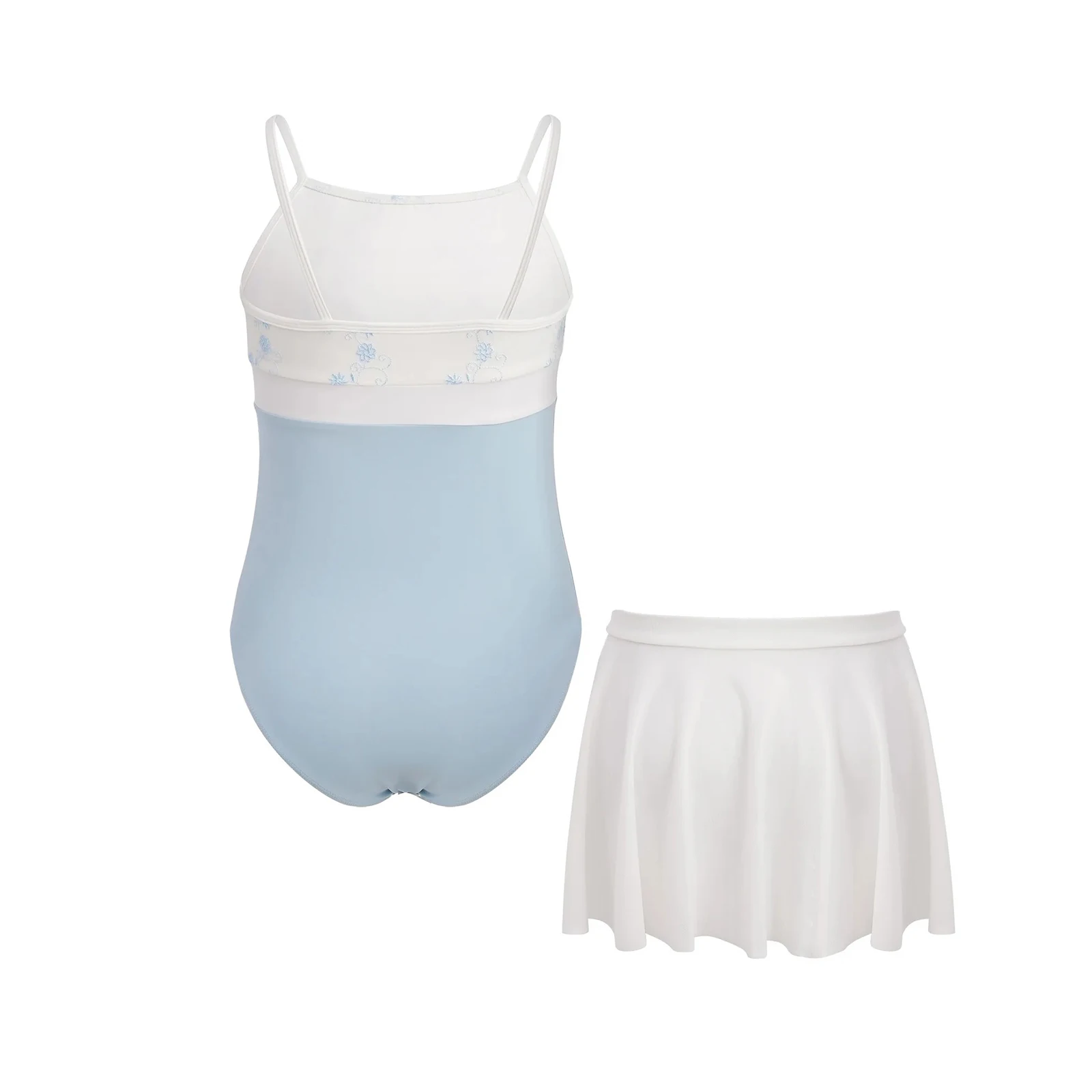 Kids Girls Ballet Leotard Outfits Floral Embroidery Sleeveless Spaghetti Straps Color Block Leotard+Skirt Lyrical Dance Dress
