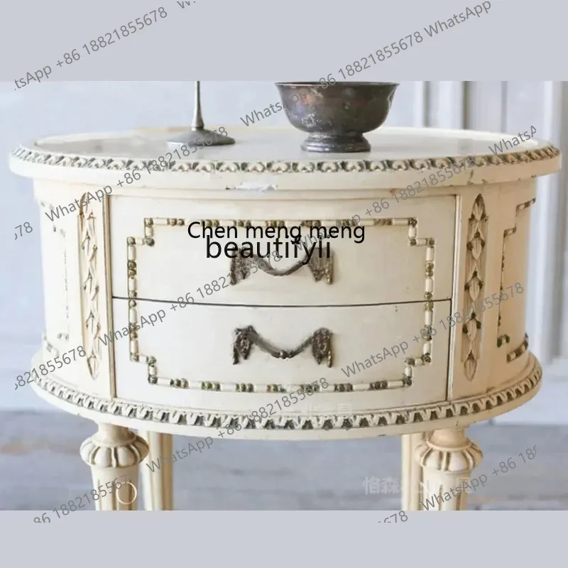 ss 8617  American-Style Solid Wood Vintage Carved Bedside Table Phone Table French Simplicity Side Table Locker Oak s8350