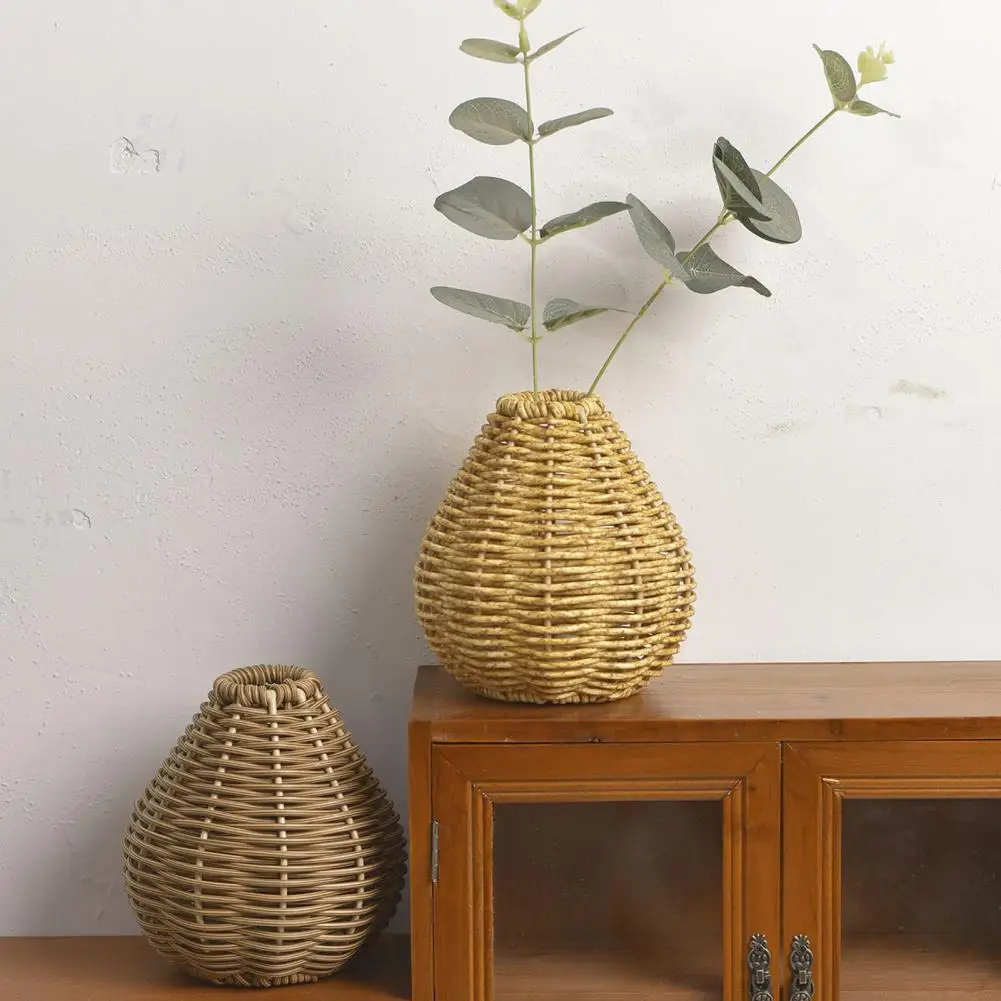 Flower Vase Handmade Woven Faux Rattan Vase Rustic Boho Indoor Decorative Basket Farmhouse Table Centerpiece for Dried