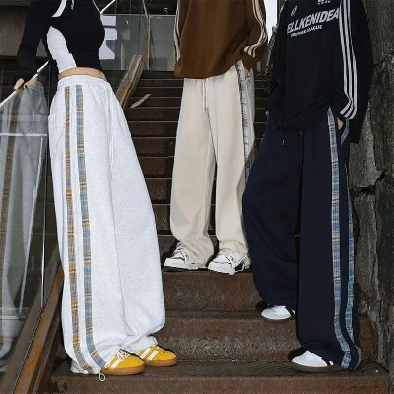 Pantalon à jambes larges épissé à carreaux pour femmes, personnalité de rue, Style coréen, décontracté, cordon de serrage, Design, pantalon de printemps, nouveau
