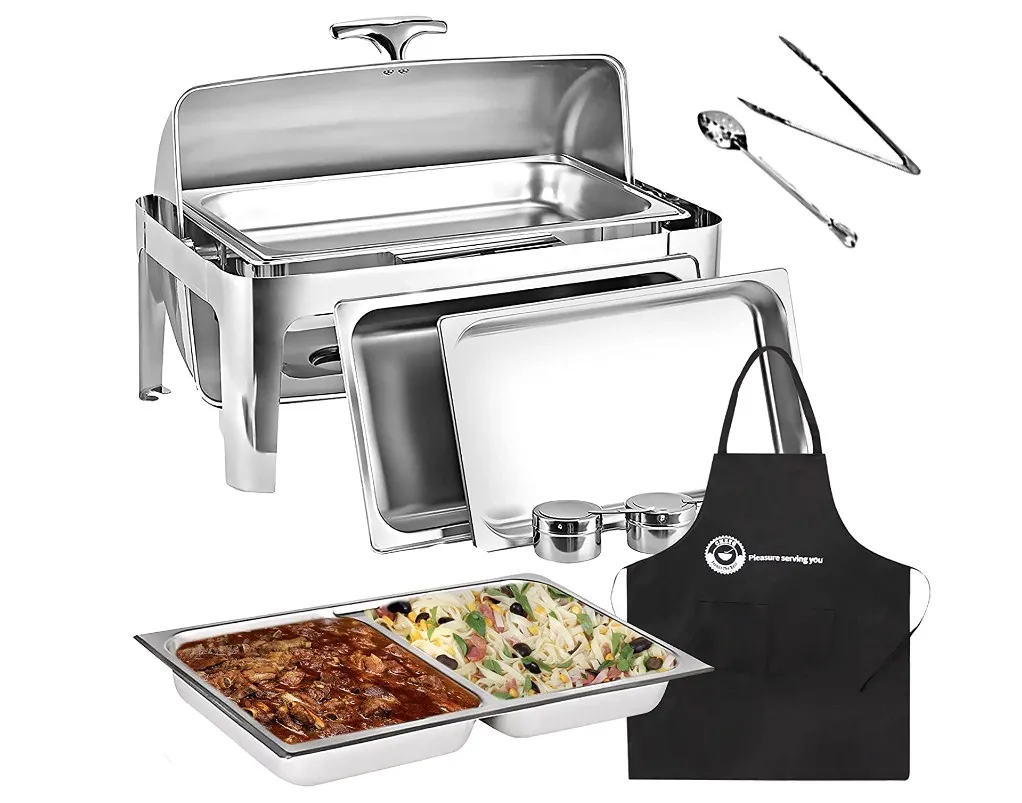 8 Qt Full Size Roll Top Chafing Dish Bundle Stainless Steel chafer for restaurants buffets catering Thanksgiving Christmas