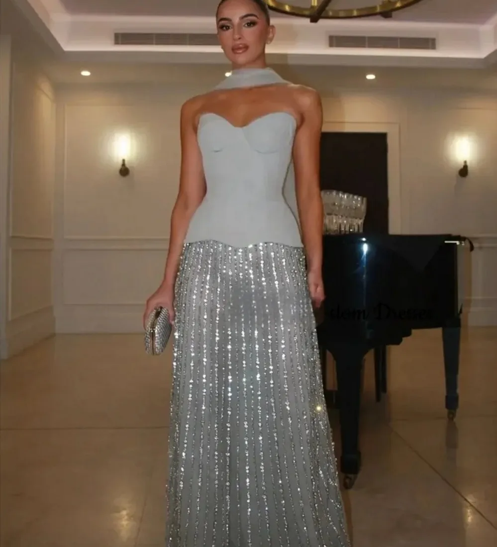 

2025 New Arrival Prom Birthday Dress Detachable Shawl Strapless Sequins Beads Formal Evening Party Gowns Pageant Robe De Soriee