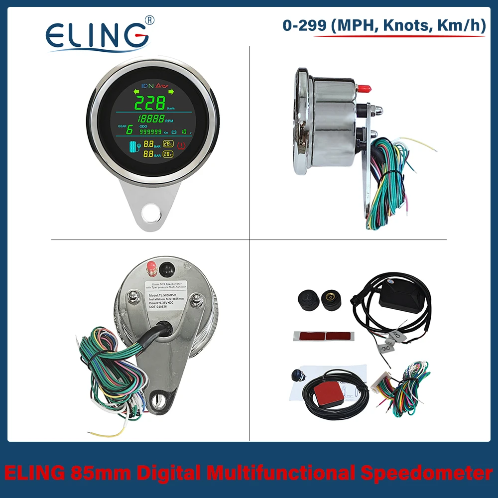 

ELING Motorcycle Digital 85mm GPS Speedometer Odometer with Tire Pressure Temperature Alarm Tachometer Fuel Level Gauge Volt