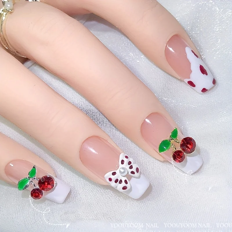 10pcs 3D Alloy Metal Cherry Shape Nail Art Rhinestone Crystal Cherries Leaves Press On Tips Acrylic Jewelry Nail Charms