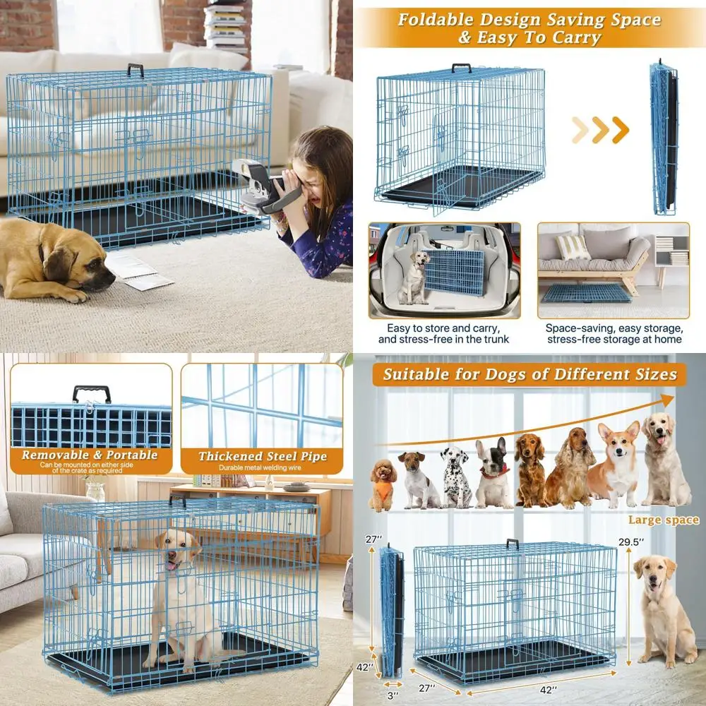 

Складной металлический вольер для собак 42 дюйма с двойными дверями, поддоном из АБС-пластика и разделителем, идеально подходит для крупных собак и кошек, синий