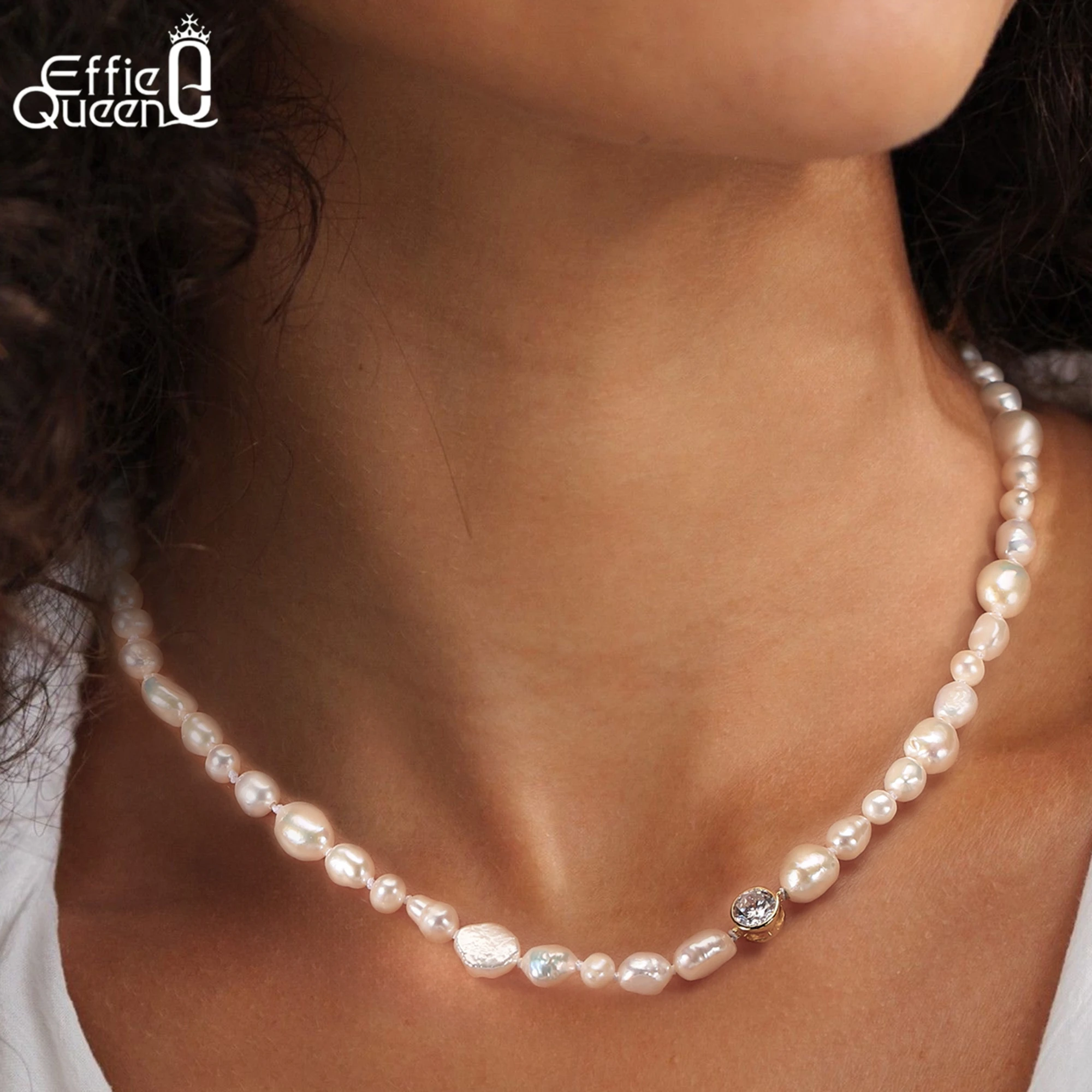 EFFIE QUEEN 925 Pure Silver 14k Gold Baroque Pearl Chain Choker Necklace Plus Zirconia Natural Jewelry for Women Banquet GPN70