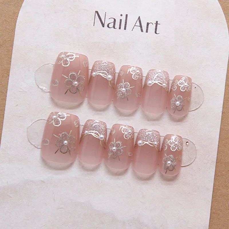 10Pcs Women Handmade Press On Nails Full Cover Flowers Design French Short Ballerina False Nails Wearable Manicure Nail Tips