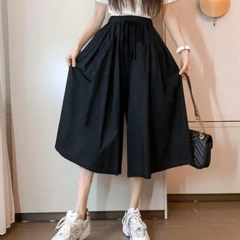 Calf Length Pants Women Summer Wide Leg Loose Breathable Office Lady All-match Graceful Literary Chic Korean Fashion Clothing