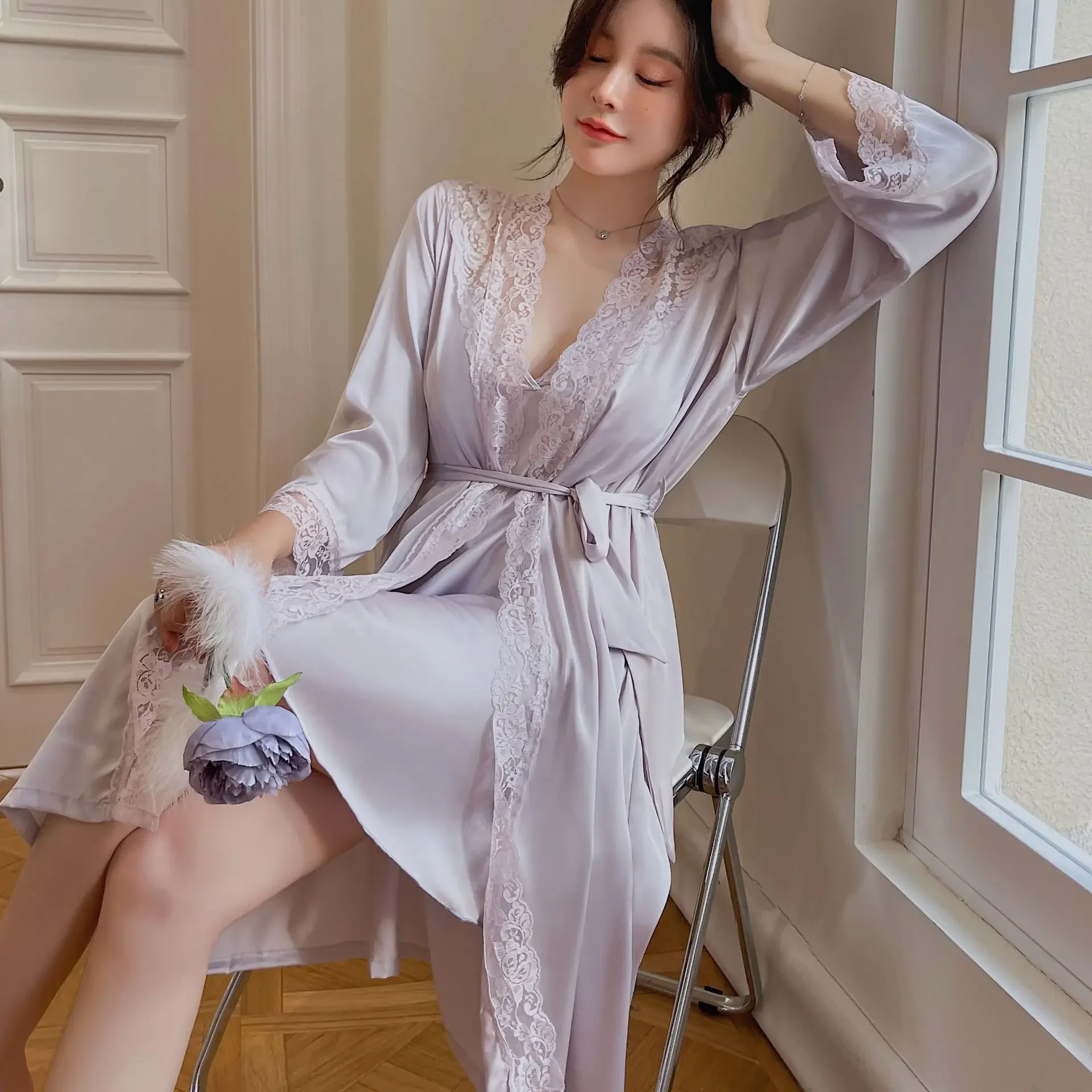 Bride Wedding Robe Set Burgundy Sexy Lace Nightgown Sleepwear Suit Summer Women Bathrobe Gown Casual Satin Kimono Home Dress