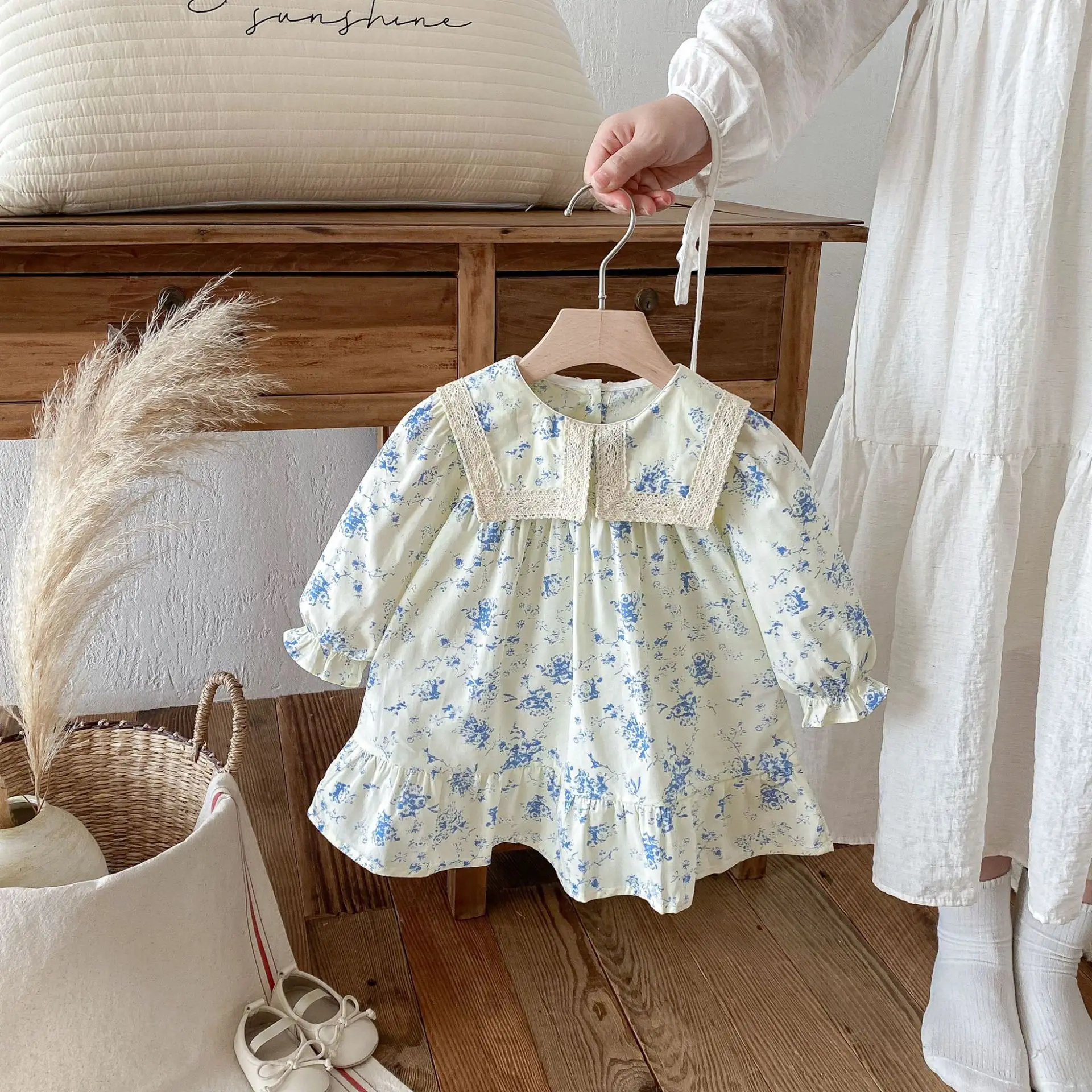 2026 Spring New Girls Long Sleeve Dress Cotton Baby Girl Cute Lapel Floral Dress Infant Princess Dress Toddler Clothes