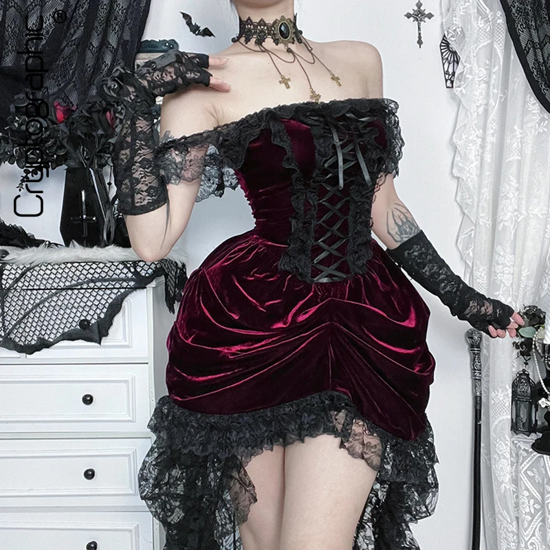 

Goth Dark Lace Trim Patchwork Hem A-Line Mini Dress Women Mall Gothic Off Shoulder Sleeveless Bandage Dresses Subculture Costume